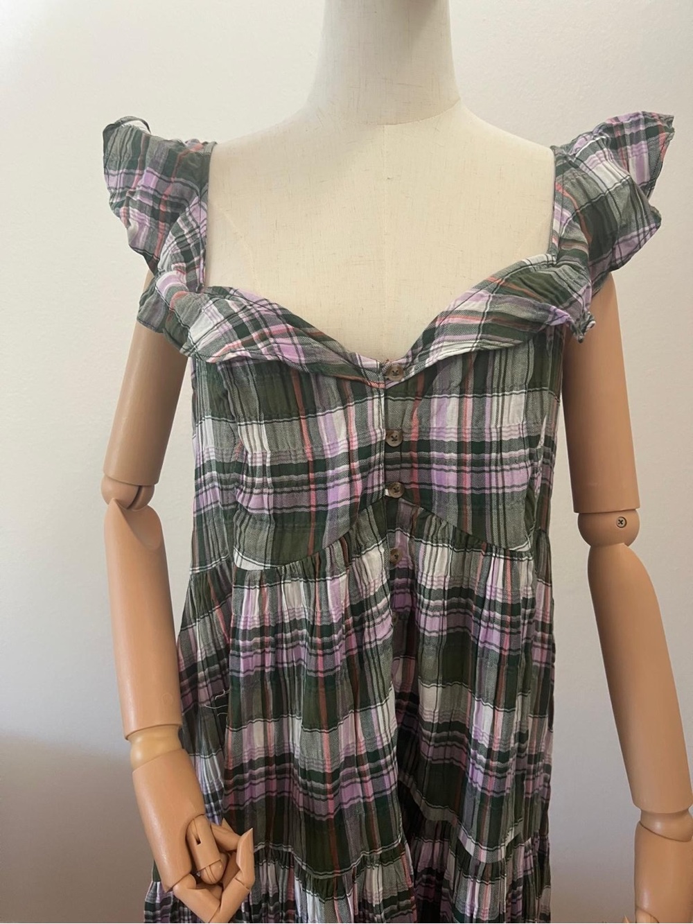 Pilcro Olive and Pink Plaid Ruffle-Sleeve Tunic